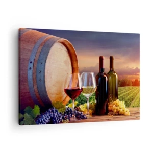 Lærredstryk - Billede på lærred - Vin, glas og en tønde i et malerisk landskab - 70x50cm - Livet har smag her - Moderne vægdekoration til stue og soveværelse ARTTOR