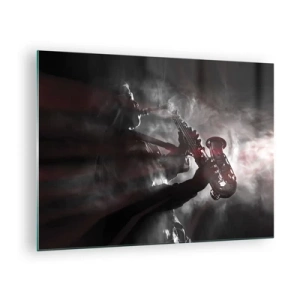 Billede på glas - Saxofonist i en tåge af røg i sort-hvid - 70x50cm - I jazzens dampe - Moderne vægdekoration til stue og soveværelse ARTTOR