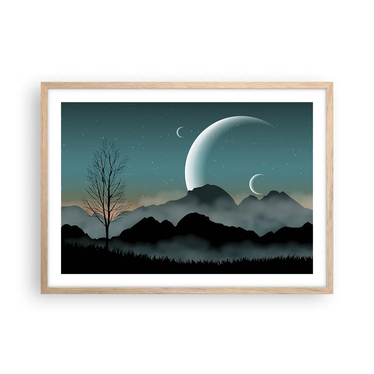 Plakat i ramme af lyst egetræ - Karneval i den stjerneklare nat - 70x50 cm