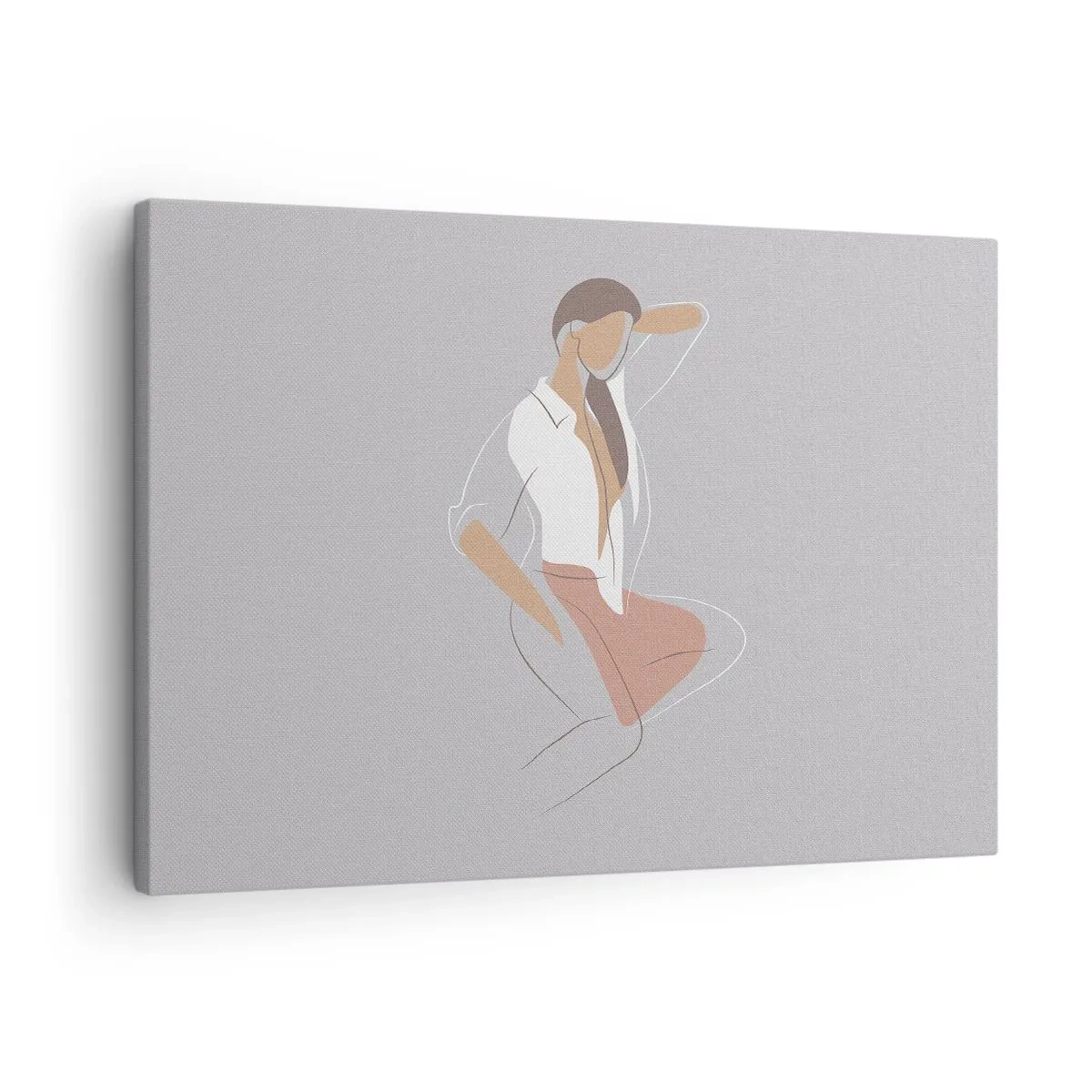 Lærredstryk - Billede på lærred - Et minimalistisk portræt af en kvinde i pastelfarver. - 70x50cm - Omrids af nåde - Moderne vægdekoration til stue og soveværelse ARTTOR