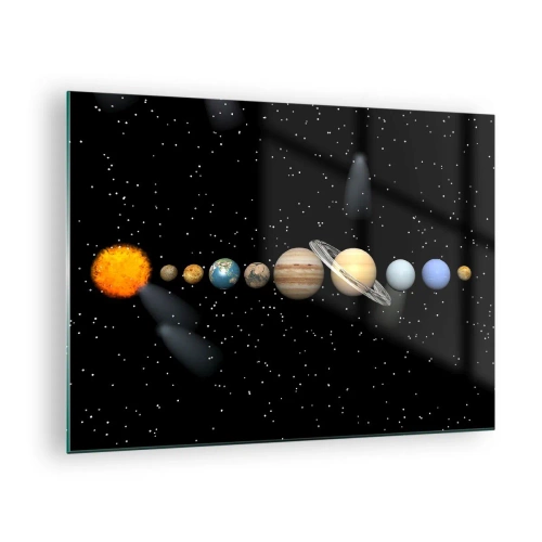 Billede på glas - Solsystemet mod baggrunden af stjerner i rummet - 70x50cm - Og planeterne er ved at blive skøre, ved at blive skøre.... - Moderne vægdekoration til stue og soveværelse ARTTOR