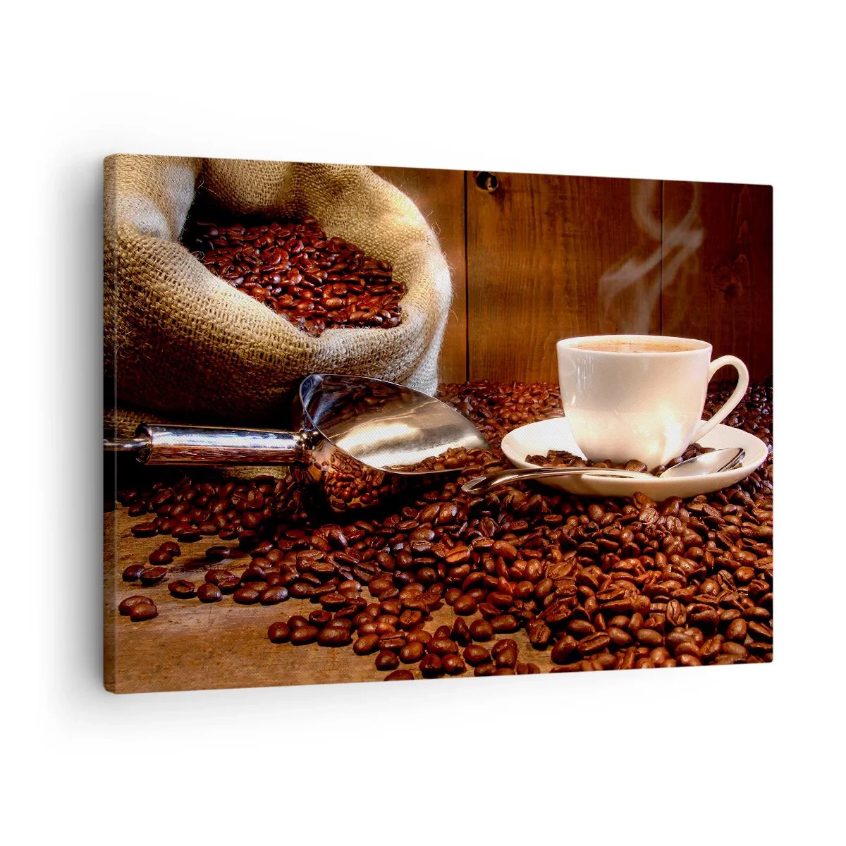 Lærredstryk - Billede på lærred - En kop kaffe med kaffebønner og en kornpose i baggrunden - 70x50cm - Kan du lugte det? - Moderne vægdekoration til stue og soveværelse ARTTOR