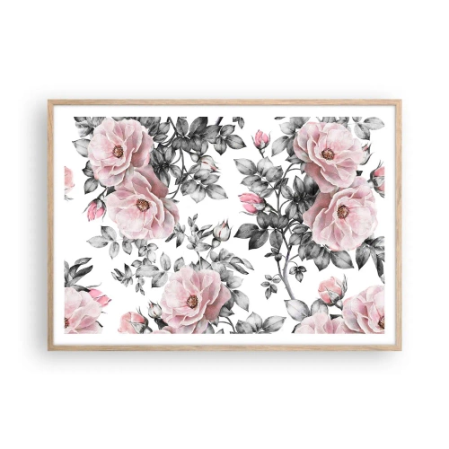Plakat i ramme af lyst egetræ - Forsvind i rosenblomsterne - 100x70 cm