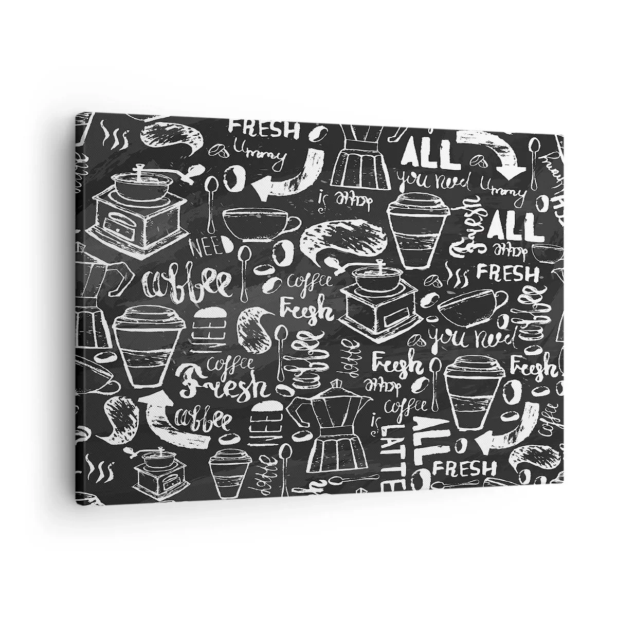 Lærredstryk - Billede på lærred - Stilfuld kaffegrafik på en sort baggrund - 70x50cm - All you need is… - Moderne vægdekoration til stue og soveværelse ARTTOR