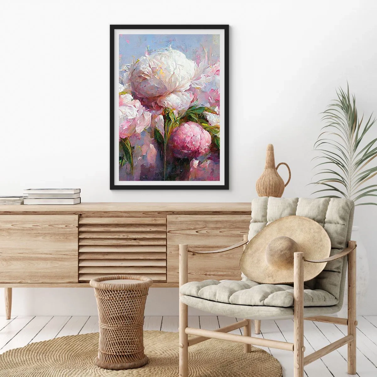 Plakat i sort ramme - Pæoner i en romantisk, malerisk komposition - 50x70cm - En buket fyldt med liv - Moderne vægdekoration til stue og soveværelse ARTTOR