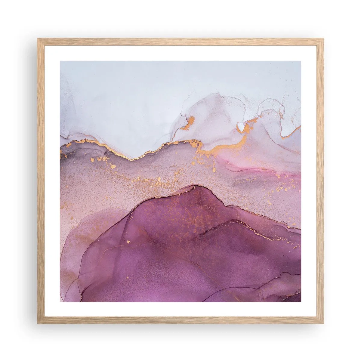 Plakat i ramme af lyst egetræ - Lilla og violette bølger - 60x60 cm