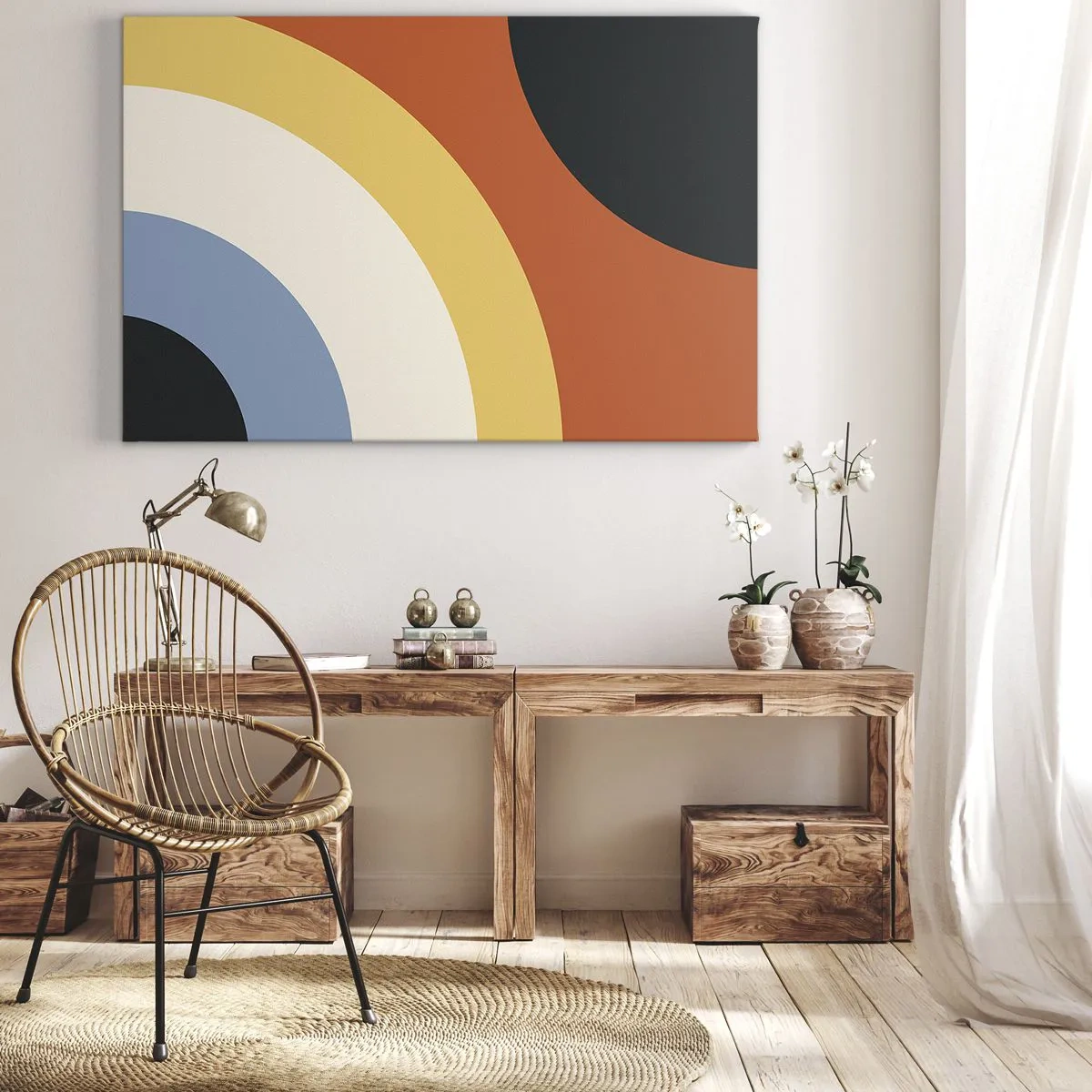 Lærredstryk - Billede på lærred - Abstrakt kunstværk med farverige buer og kontrasterende cirkler - 70x50cm - Over for hinanden - Moderne vægdekoration til stue og soveværelse ARTTOR
