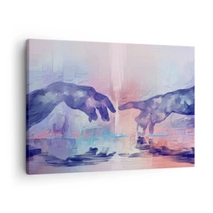 Lærredstryk - Billede på lærred - Symbolske hænder i abstrakte farver, der henviser til skabelsestemaet - 70x50cm - Den guddommelige gnist af liv - Moderne vægdekoration til stue og soveværelse ARTTOR