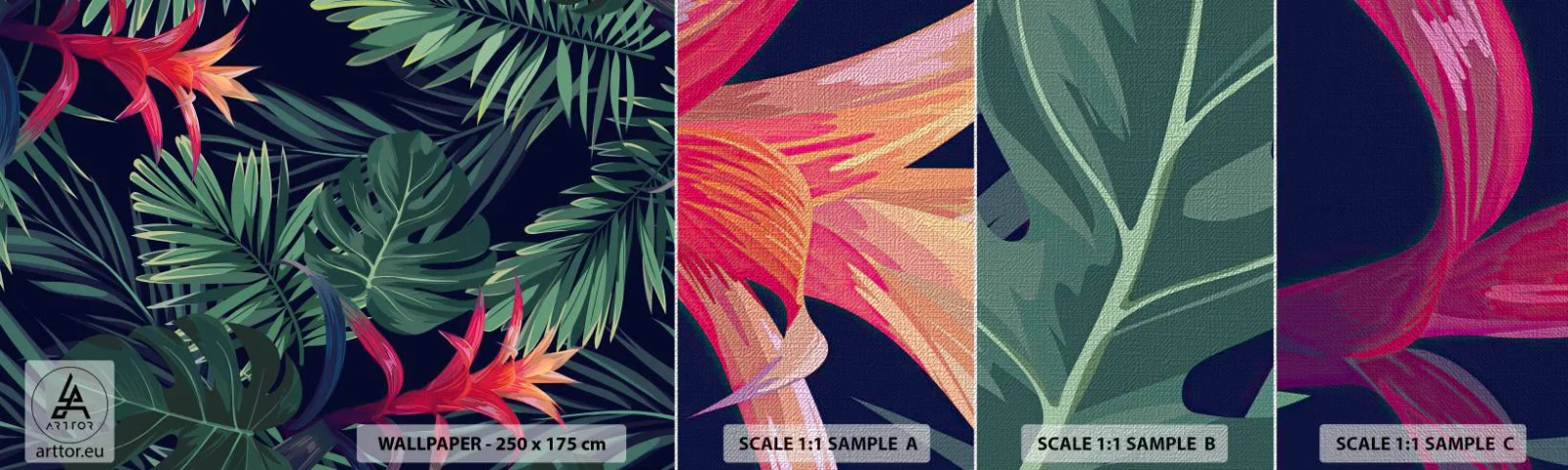 Prøve Fototapet Premium Canvas - Brænd i grønt - Blomster, Tropisk plante, Palmeblade - 100x30 cm