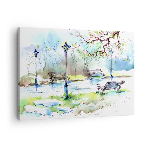 Lærredstryk - Billede på lærred - Akvarel parkscene med bænke og lamper - 70x50cm - Den magiske stilhed i parken - Moderne vægdekoration til stue og soveværelse ARTTOR
