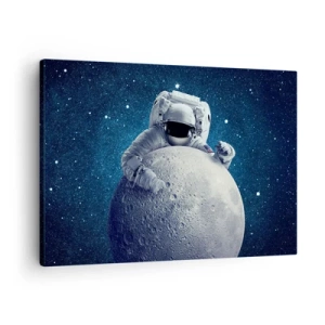 Lærredstryk - Billede på lærred - Astronaut holder månen mod en stjerneklar himmel - 70x50cm - Kosmisk spøgefugl - Moderne vægdekoration til stue og soveværelse ARTTOR