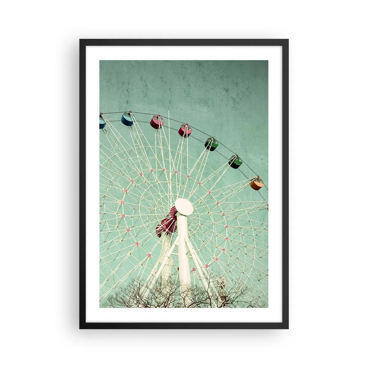 Plakat i sort ramme - Et retro pariserhjul mod en mintgrøn himmel - 50x70cm - Vi inviterer dig til at lege - Moderne vægdekoration til stue og soveværelse ARTTOR