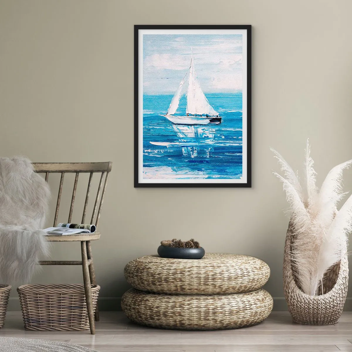 Plakat i sort ramme - En yacht på havet i blå nuancer - 50x70cm - Med en ven ved din side - Moderne vægdekoration til stue og soveværelse ARTTOR