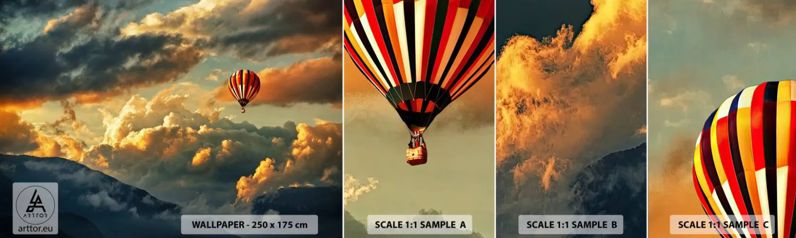 Fototapet Prøve Standard Eco - Jeg går, fordi jeg vil - Abstraktion, Ballonflyvning, Bjerge - 100x30 cm