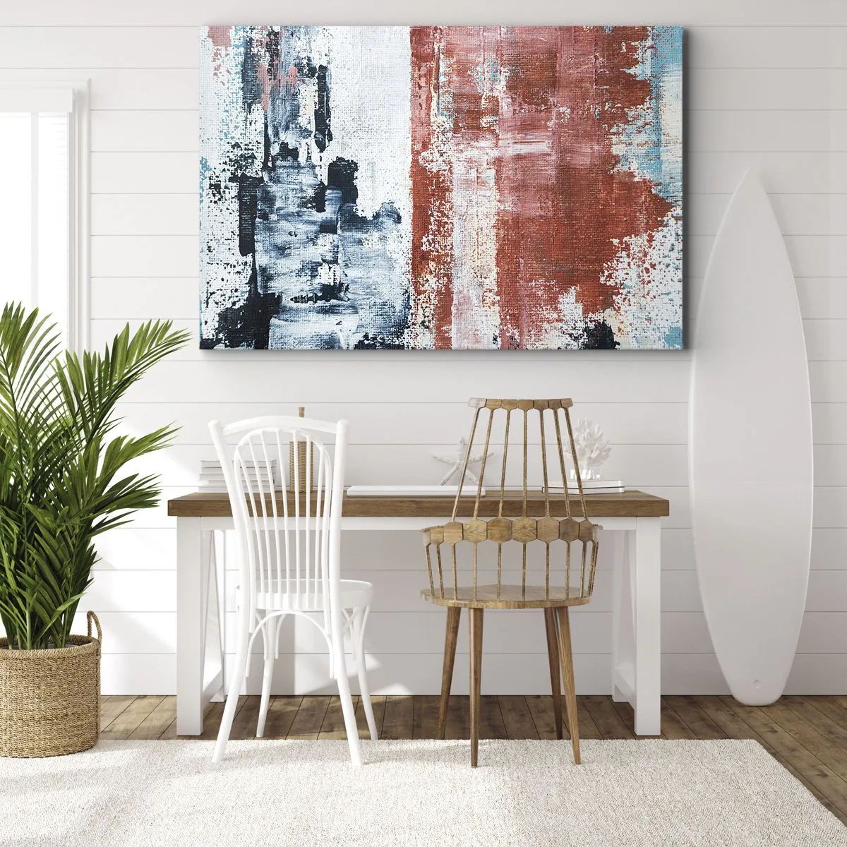 Lærredstryk - Billede på lærred - Abstraktion i hvide, blå og murstensfarver - 70x50cm - Abstrakt halvt og halvt - Moderne vægdekoration til stue og soveværelse ARTTOR