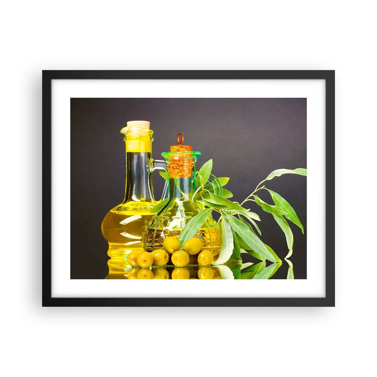 Plakat i sort ramme - Stilleben med oliven og olie - 50x40 cm