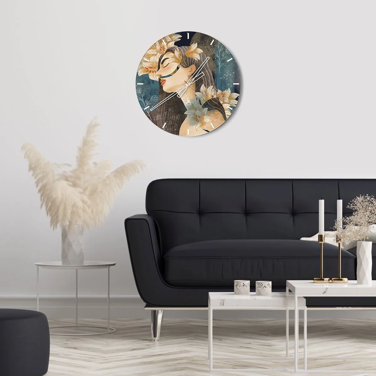 Vægur, Uret - Portræt af en kvinde med lukkede øjne omgivet af liljer - 30x30cm - Eventyret om prinsessen med liljerne - Moderne vægdekoration til stue, køkken og soveværelse ARTTOR