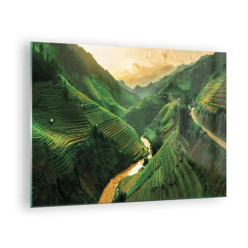 Billede på glas - Maleriske risterrasser i dalen ved solnedgang - 70x50cm - Vietnamesisk dal - Moderne vægdekoration til stue og soveværelse ARTTOR