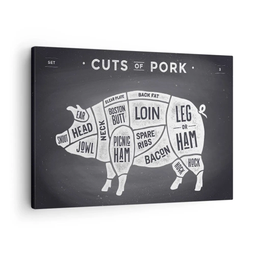 Lærredstryk - Billede på lærred - Diagram over svinekødsudskæringer på sort baggrund - 70x50cm - Slagterens grundbog - Moderne vægdekoration til stue og soveværelse ARTTOR