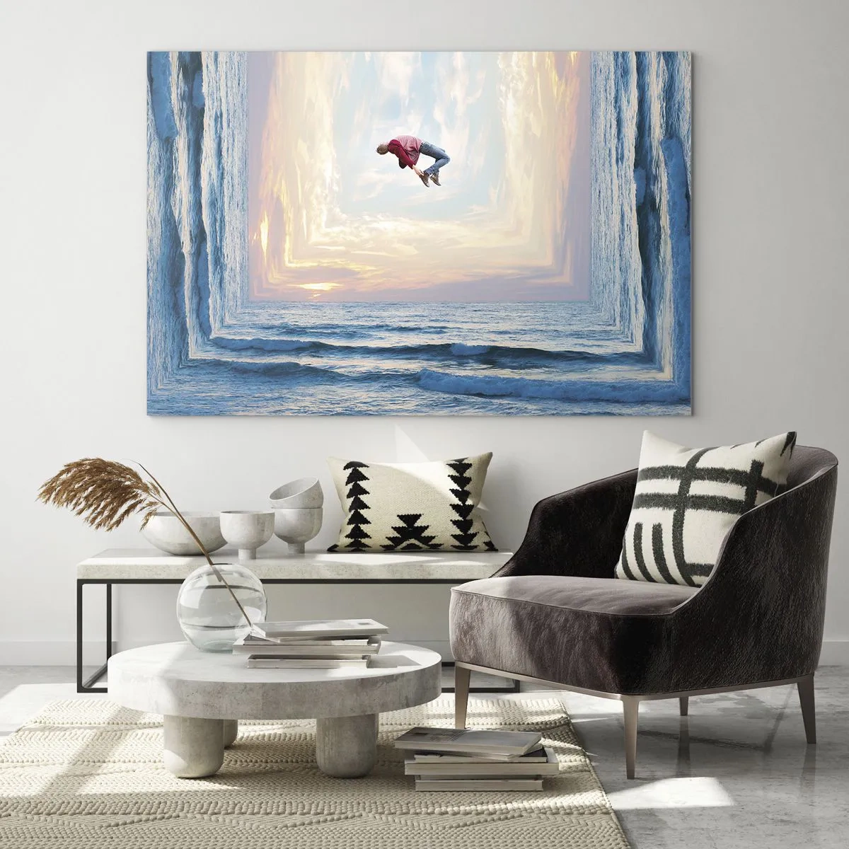 Billede på glas - En mand, der hopper over havet i en surrealistisk ramme - 70x50cm - Til en anden dimension - Moderne vægdekoration til stue og soveværelse ARTTOR