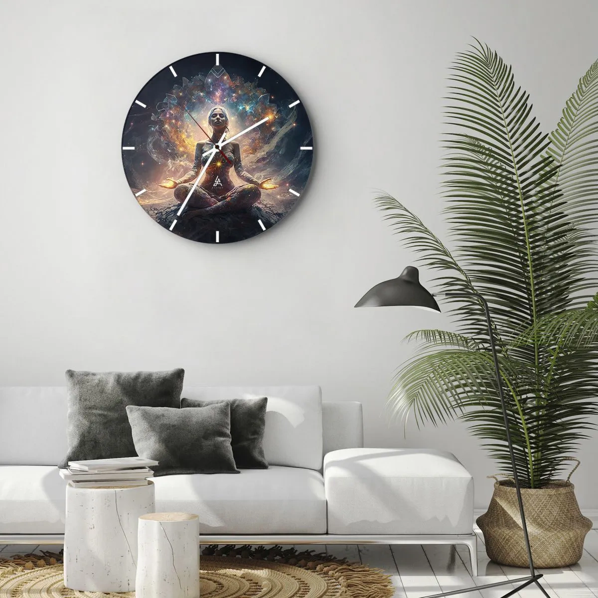 Vægur, Uret - En kvinde i meditation omgivet af energi i galaksens farver. - 30x30cm - Flow af god energi - Moderne vægdekoration til stue, køkken og soveværelse ARTTOR