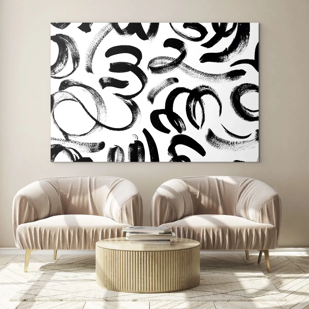 Billede på glas - Sort-hvide abstrakte penselstrøg - 70x50cm - I sort og hvidt - Moderne vægdekoration til stue og soveværelse ARTTOR