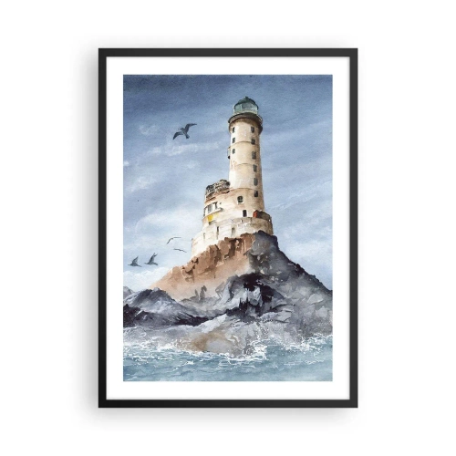 Plakat i sort ramme - Et akvarelmaleri af et fyrtårn på en klippekyst - 50x70cm - Uovervindelig - Moderne vægdekoration til stue og soveværelse ARTTOR
