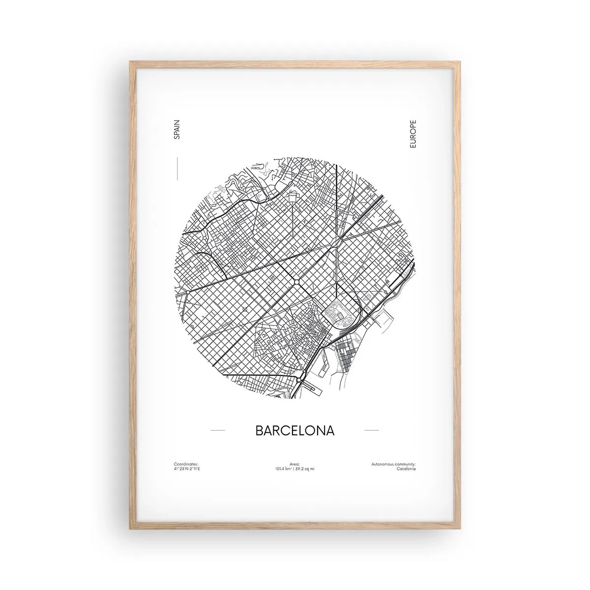 Plakat i ramme af lyst egetræ - Barcelonas anatomi - 70x100 cm