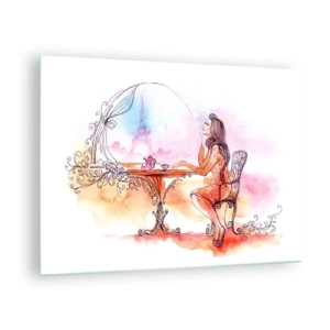 Billede på glas - En kvinde ved et bord med udsigt til Eiffeltårnet i pastelfarver - 70x50cm - Parisisk elegance - Moderne vægdekoration til stue og soveværelse ARTTOR