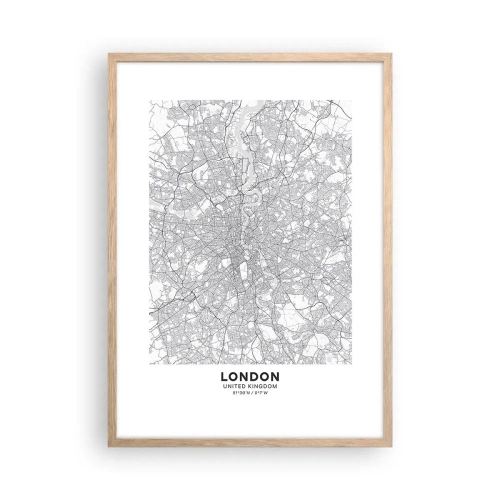 Plakat i ramme af lyst egetræ - Kort over Londons labyrint - 50x70 cm