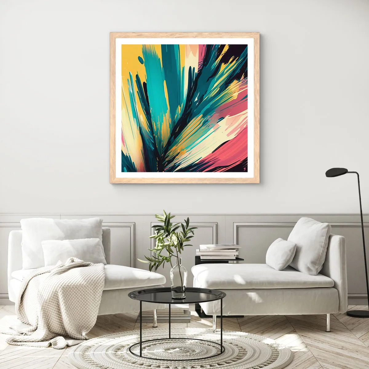 Plakat i ramme af lyst egetræ - Komposition - en eksplosion af glæde - 30x30 cm