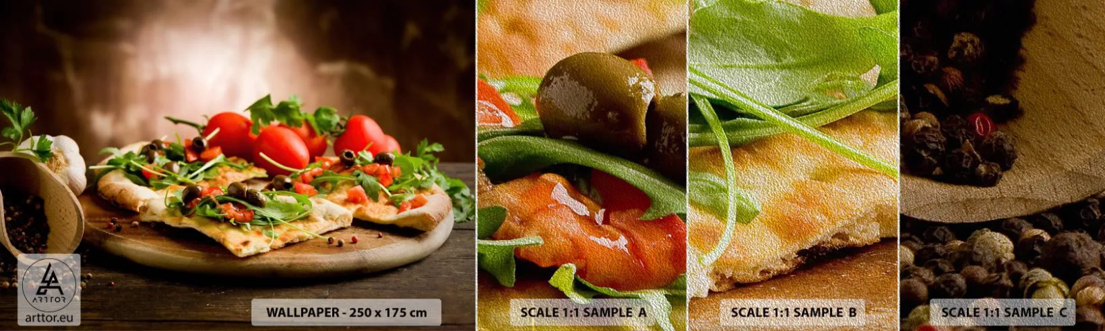 Prøve Fototapet Premium Sand - Direkte fra ovnen og fra haven - Gastronomi, Pizza, Italien - 100x30 cm