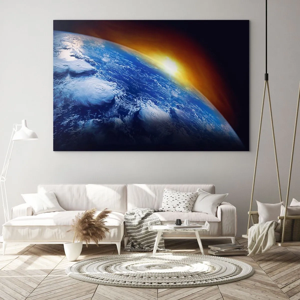 Billede på glas - Jorden i rummet oplyst af solens stråler - 70x50cm - Solopgang over den blå planet - Moderne vægdekoration til stue og soveværelse ARTTOR