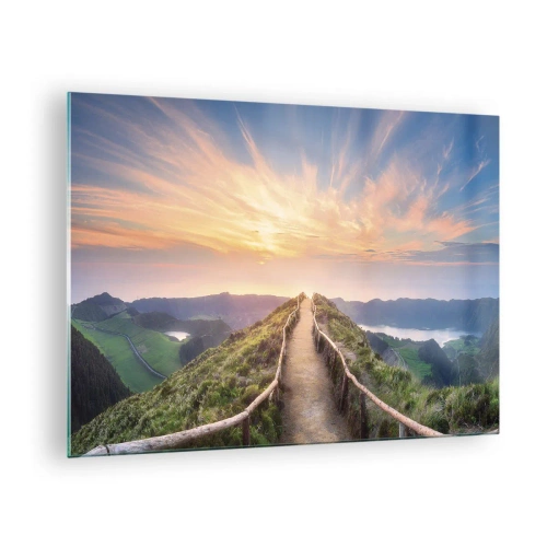 Billede på glas - Sti på bakketop med udsigt over solnedgangen - 70x50cm - Tæt på himlen - Moderne vægdekoration til stue og soveværelse ARTTOR