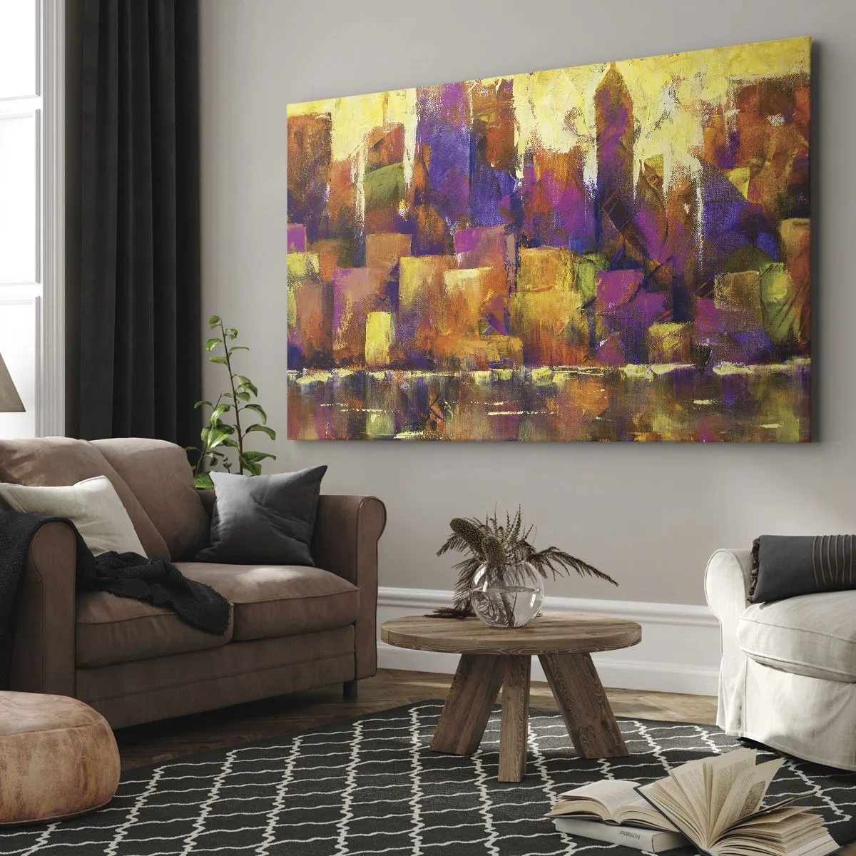 Lærredstryk - Billede på lærred - Abstrakt komposition af en metropol i gule og lilla nuancer - 70x50cm - Metropolitansk sammensætning - Moderne vægdekoration til stue og soveværelse ARTTOR
