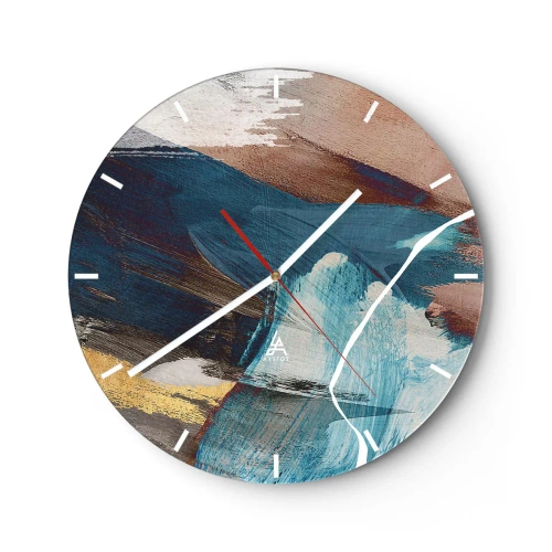 Vægur, Uret - Dynamiske penselstrøg i nuancer af blå og brun - 30x30cm - Med flair og energi - Moderne vægdekoration til stue, køkken og soveværelse ARTTOR