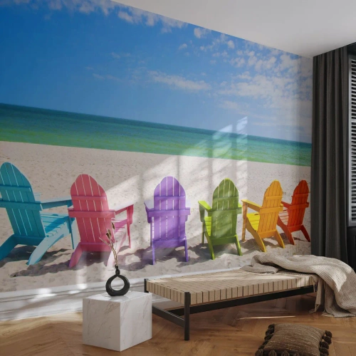Fototapet Selvklæbende Deluxe Sticker - Regnbue strand - Landskab, Strand, Liggestole - 150x105 cm