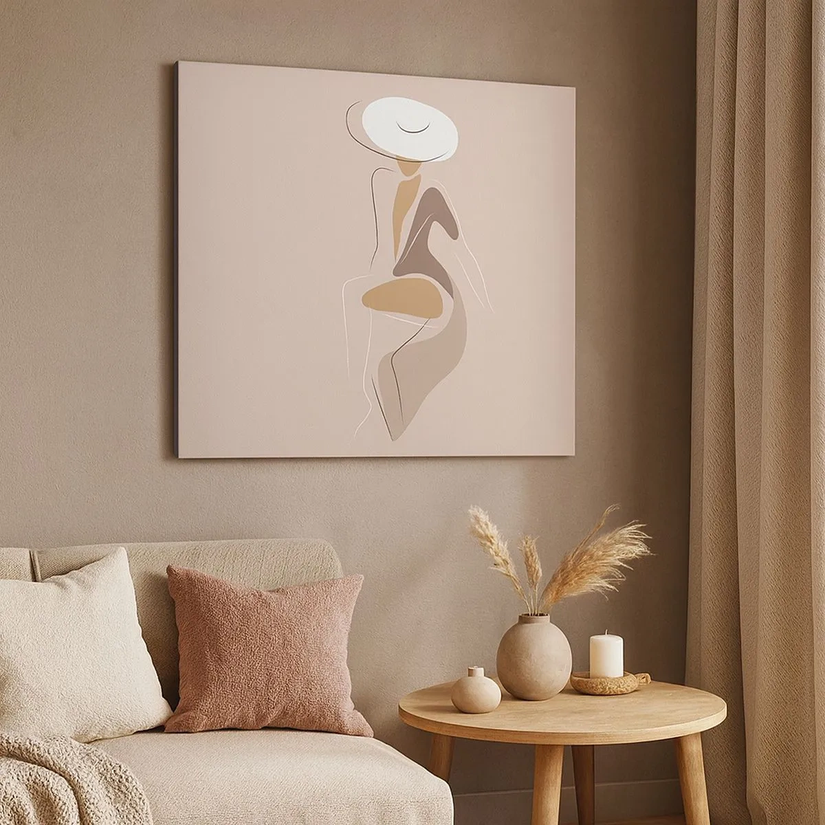 Lærredstryk - Billede på lærred - Minimalistisk silhuet af en kvinde med hat - 70x50cm - En dame, der skal være - Moderne vægdekoration til stue og soveværelse ARTTOR