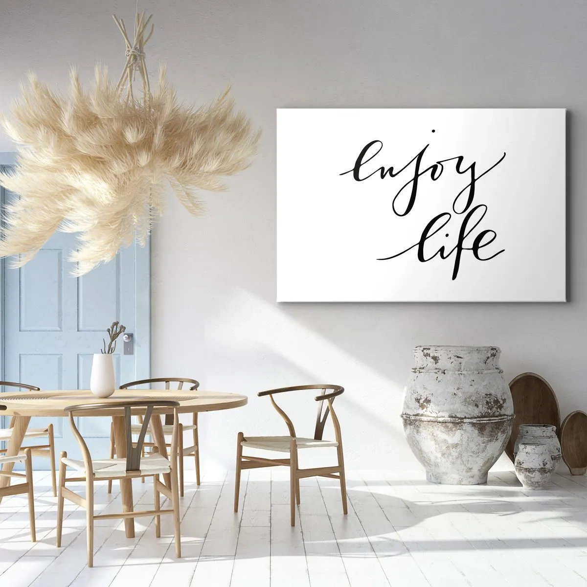 Lærredstryk - Billede på lærred - Citatet 'nyd livet' i sort kalligrafi på en hvid baggrund - 70x50cm - Intet at tilføje… - Moderne vægdekoration til stue og soveværelse ARTTOR