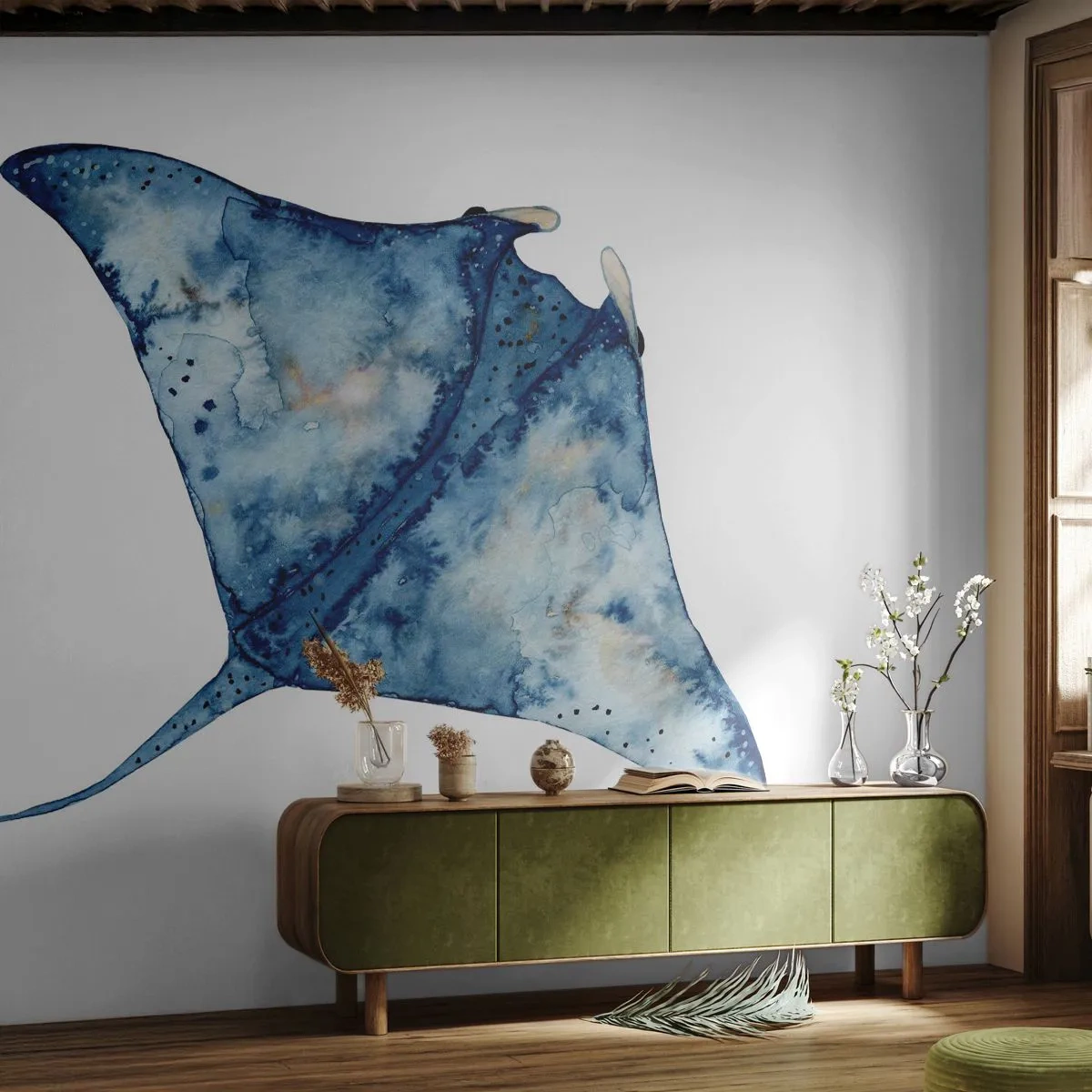 Fototapet Selvklæbende Deluxe Sticker - Liv i blåt - Stingray, Fisk, Seaside stil - 150x105 cm