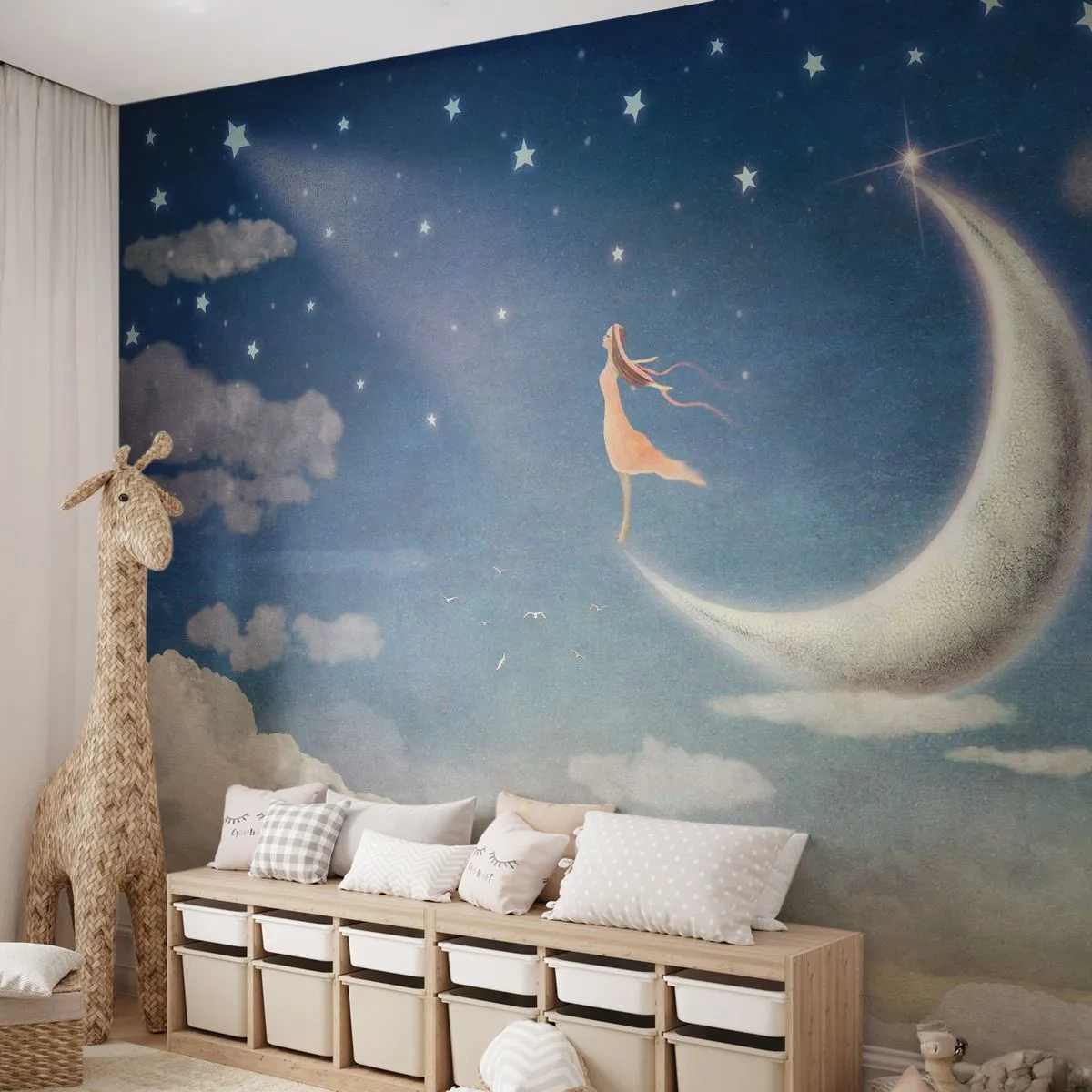 Fototapet Premium Canvas - Blå bejler - Abstraktion, For børn, Måne - 400x280 cm