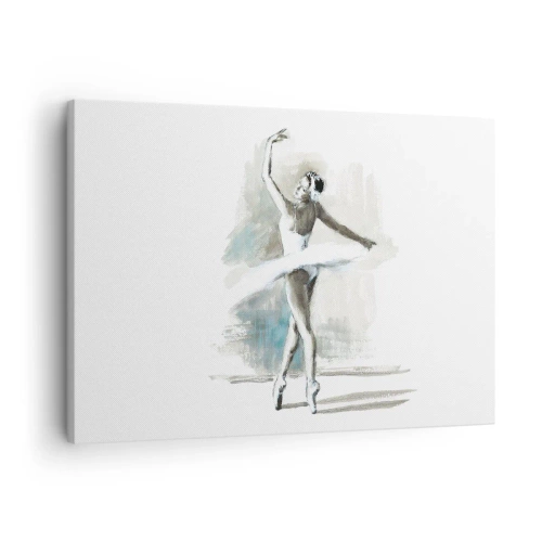 Lærredstryk - Billede på lærred - En balletdanser i balletpositur mod en baggrund af sarte akvareltoner. - 70x50cm - Fortryllet til en svane - Moderne vægdekoration til stue og soveværelse ARTTOR