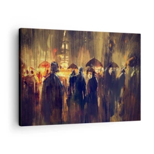 Lærredstryk - Billede på lærred - Figurer med paraplyer i en regnfuld by om natten - 70x50cm - Tilhængere af regnen - Moderne vægdekoration til stue og soveværelse ARTTOR