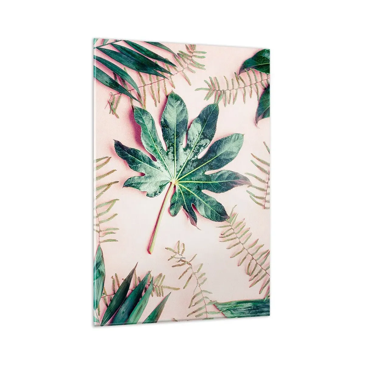 Billede på glas - En undersøgelse af grønt på en lyserød baggrund - 80x120 cm