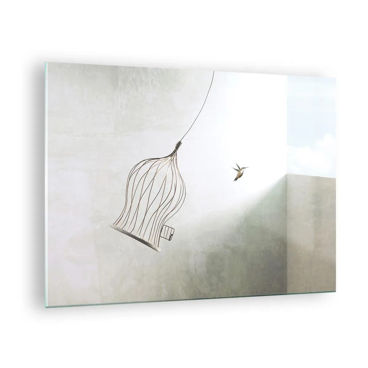 Billede på glas - Et åbent bur og en kolibri, der flyver væk i dagslys - 70x50cm - I sit elementet - Moderne vægdekoration til stue og soveværelse ARTTOR