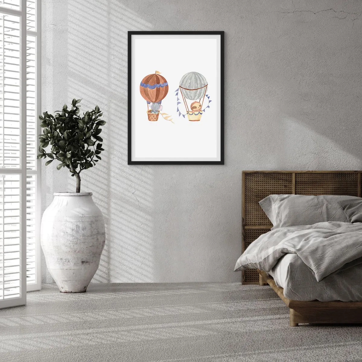 Plakat i sort ramme - Søde dyr i balloner på en hvid baggrund i akvarelstil - 50x70cm - Venner på farten - Moderne vægdekoration til stue og soveværelse ARTTOR