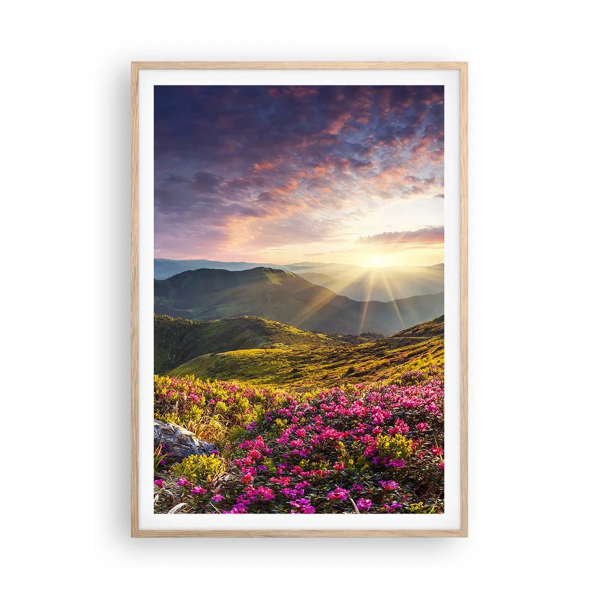 Plakat i ramme af lyst egetræ - Friskheden af en morgen i bjergene - 70x100 cm