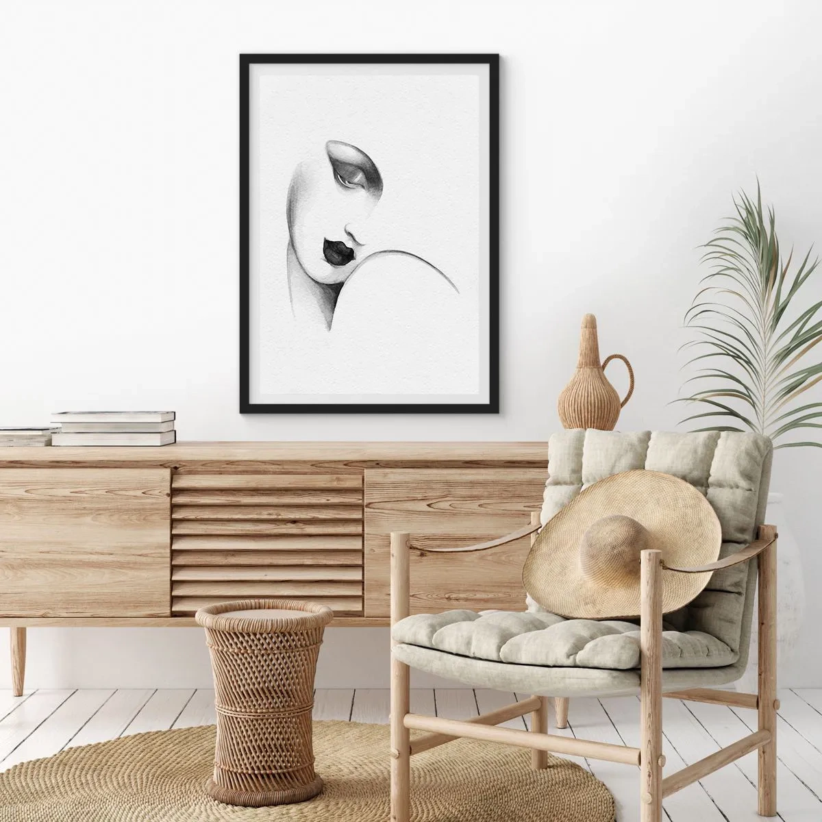 Plakat i sort ramme - Et diskret portræt af en kvinde i sort-hvid stil - 50x70cm - I Lempickas stil - Moderne vægdekoration til stue og soveværelse ARTTOR