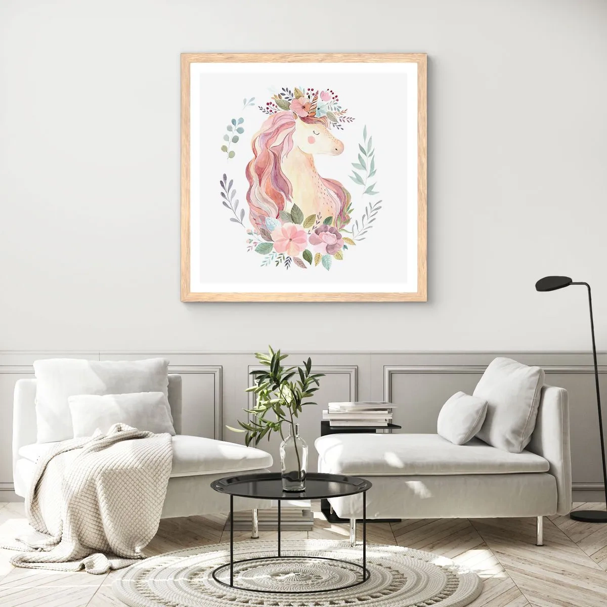 Plakat i ramme af lyst egetræ - En invitation til eventyrets verden - 30x30 cm