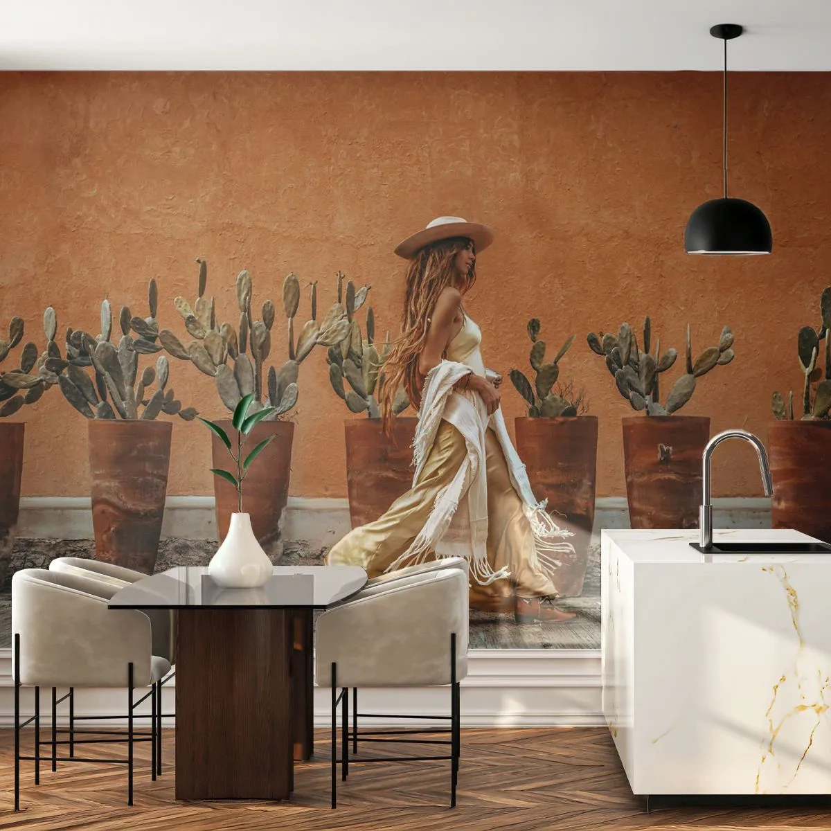 Fototapet Premium Canvas - I en hippieagtig stil - Boho, Kvinde, Kaktusser - 450x315 cm